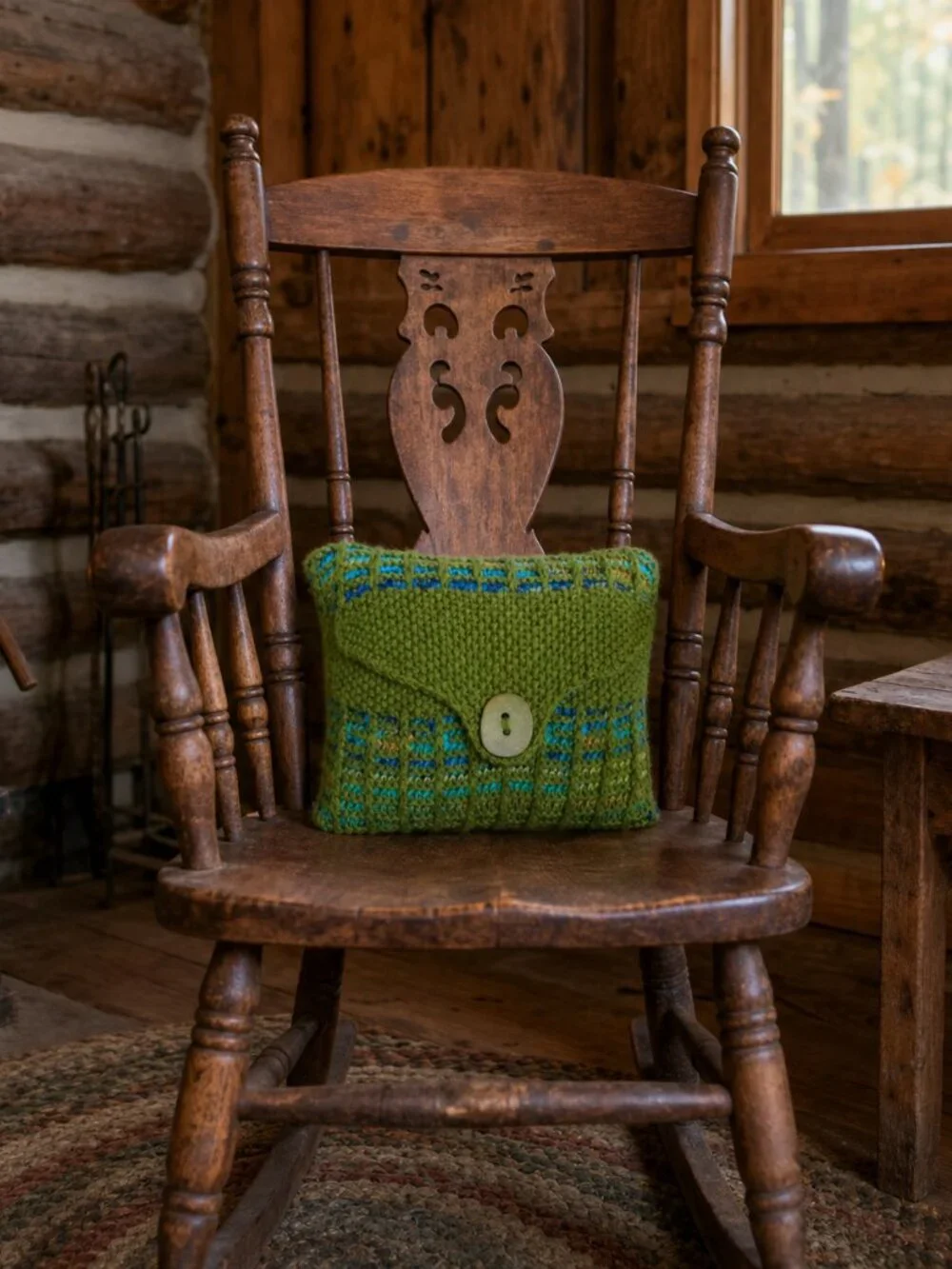 Hand Crafted Knit Olive Throw Pillow Multi Color Button Removable Case